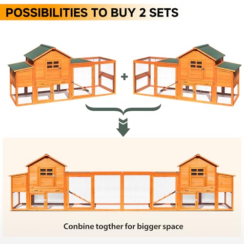 Large Chicken Coop Outdoor Durable Duck House Poultry Pet Hutch & 2 Wood Eggs Run Cage Nesting Box Waterproof Asphalt Roof Ramp Removable Tray Wire Fence for Backyard Small Animal (Orange)