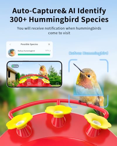 Smart Hummingbird Feeder with Camera, Solar Powered, AI Recognition | Bird Watching Camera for Outdoors, Live Videos, Ant Moat, Bee Proof, Nature Gifts for Bird Lovers - color: Red