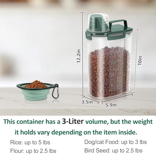 3 Lbs Pet Dog Food Storage Container for Bird Seed Rice Flour - Pine Green | Cat Food Containers with Collapsible Bowl for Travel Airtight 5 Lbs Rice Cereal Oatmeal Holder with Pour Spout Measuring Cup - color: Pine Green-3L