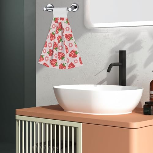 Cute Red Strawberry Kitchen Hand Towels Spring Pink Flowers Hand Tie Towels Set of 2 PCS Dish Towels with Loops Tea Bar Dish Cloths Towel for Bathroom Home - color: Pink Strawberry Cute Flowers