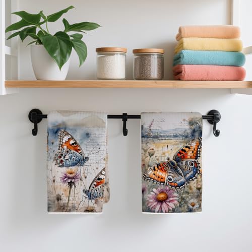 2 Pcs Vintage Daisy Kitchen Towels, Rustic Butterfly Decorative Absorbent Microfiber Dish Cloth Tea Towel, Waffle Soft Hand Towels for Farmhouse Home Bathroom, Butterfly Gifts - color: Multi 0428
