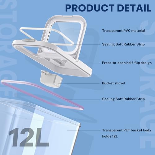 LEAWALK 12 Lbs Airtight Dog Cat Food Storage Container and Dog Treat Containers BPA-Free, PET Clear Stackable Pet Storage Bin, 1-Cup Scoop, 1-Sponge cleaning brush, Pop Top, With handle, Easy Mobility - color: Milky White 12L-A