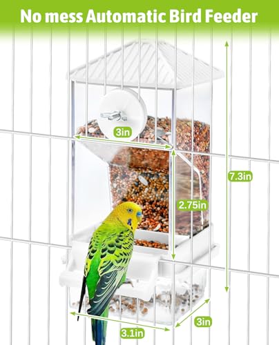 Hamiledyi Automatic Bird Feeder No Mess Bird Cage Feeder Seed Food Container with Perch Transparent Parrot Cage Accessories for Parakeets, Budgies, Cockatoos, Finches, Lovebirds, Canaries (White) - color: Translucent White + Perch