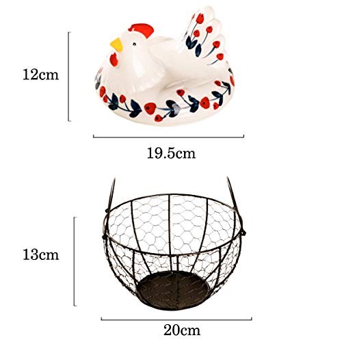 Chicken Design Ceramic Egg Storage Basket Iron Basket Holds 20-25 Eggs, Egg Holder, Organizer Case, Container Egg Basket Holder - color: cherry with black basket