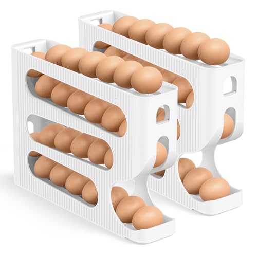 FIFO Egg Holder for Fridge, Egg Organizer for 56 Large Size Eggs | 2-Pack Auto Rolling Egg Dispenser for Refrigerator, Space-Saving Egg Roller/Container/Storage for Kitchen Countertop - color: White, size: 2 Packs