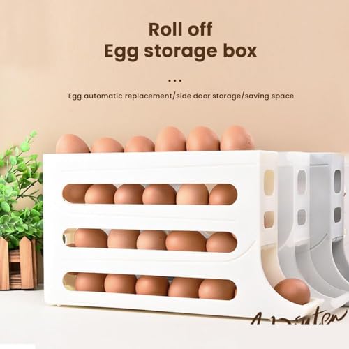 4 Tiers Egg Holder for Fridge Automatic Rolling Egg Dispenser 30 Eggs Storage Rack FIFO Egg Holder for Refrigerator Space-Saving Large Capacity Egg Roller Container Slim Gravity Egg Organizer - color: WHITE