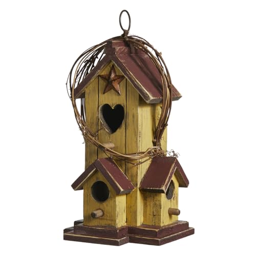 Glitzhome Birdhouses for Outdoors,Hummingbird Houses for Outside, 11.5"H Yellow Hand Painted Distressed Solid Wood Bird Nesting Box Decorative Birdhouse with Rattan Hanging Bird House for Patio Garden - color: 11.5"H