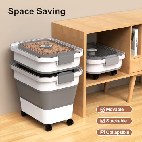 Dog Food Storage Container, 15-23 Lbs Collapsible Dog Food Container with Transparent Airtight Lid, Wheels and Scoop, Travel Pet Food Storage Container for Cat, Dog and Bird, Keep Dry Food Fresh - color: Grey