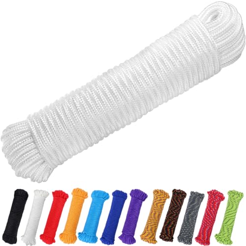 90 ft 1/4 inch (7mm) Polyester Rope (Nylon - Like Durability) Poly Flag Pole Clothes Line Camping Utility Good for Tie Pull Swing Climb Knot (White) - color: White, size: 1/4" x 90'