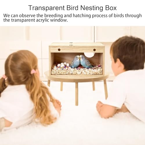 Tfwadmx Parakeet Nesting Box, Transparent Bird Nest Breeding Box, Wood Parrot Nest Box with Perch Bird Cage House for Cockatiel Lovebirds Budgie Canary Finch(S) - color: S