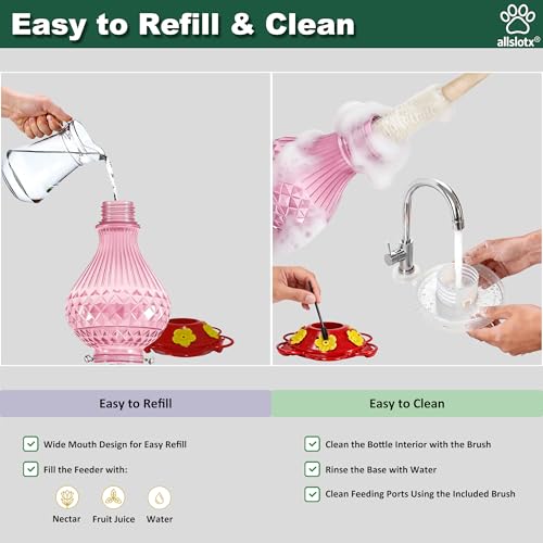 Glass Hummingbird Feeder for Outdoors Hanging, 20 oz Nectar Capacity, 6 Feeding Ports, Leak-Proof Rust-Free Plastic Base, Easy to Refill & Clean, Decorative Pink Glass Bird Feeder for Garden Patio - color: Pink, size: 20 Fluid Ounces