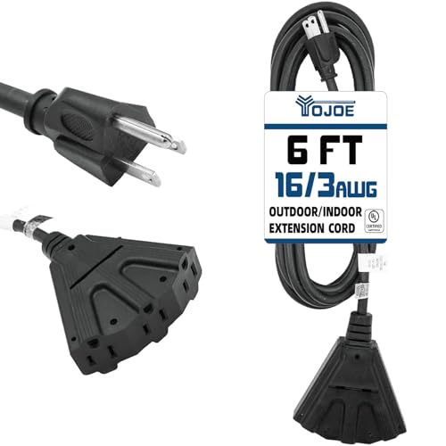 YOJOE 3-Outlets Indoor Outdoor Extension Cord, 3 Prong 13A Weatherproof Power Cord Multiple Outlets, 16 Gauge Heavy Duty 6 ft Black Extension Cord for Garage, Garden, 16/3 SJTW UL Certified - color: Black, size: 6 Foot, style: Standard