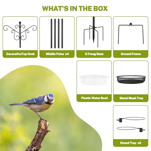 Bird Feeding Station,Heavy Duty Bird Feeder Pole with Upgraded Thickened Pole & 5-Prong Base,Hanging Hooks,Mesh Tray,Water Bowl w/Metal Snap Fastening,Wind-Resistant Wild Bird Feeding Kit for Outdoors