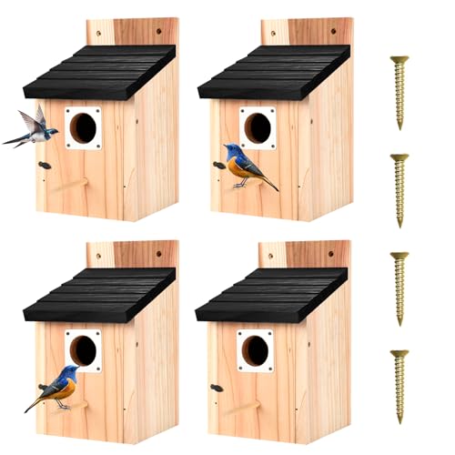 4-Pack Black Wooden Bird Houses for Outdoors with Predator Guard, Bluebird Houses for Outside – Ideal for Bluebirds & Other Backyard Birds, Black