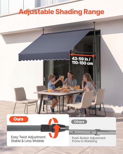 VEVOR Manual Retractable Awning, 78" x 59" Outdoor Patio Awnings Sunshade Shelter with 43"-59" Retractable Side Bar, No Drill Height Adjustable, Crank Handle for Backyard, Balcony, Dark Gray - size: 78x59 in