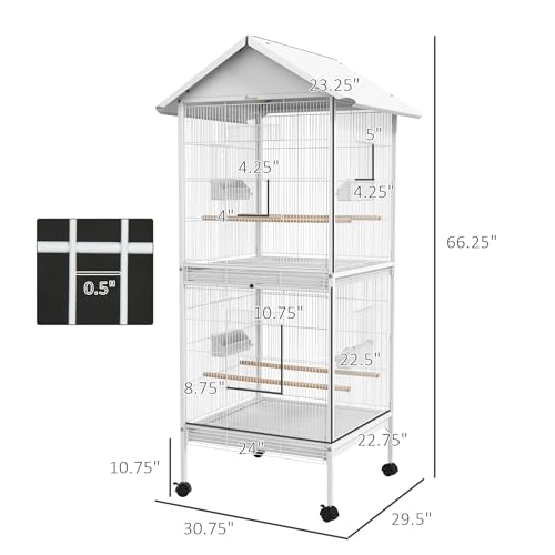 PawHut Wrought Metal Bird Cage Feeder with Rolling Stand Doors 67" H White | Perches, Food Containers, Wheels