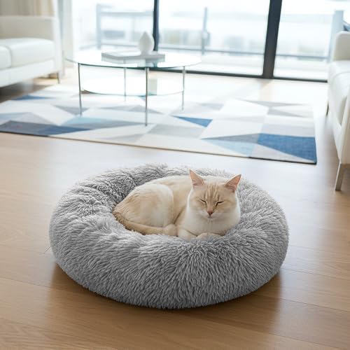 PetAmi Calming Donut Dog Bed, Washable Faux Fur, 23 Inch Small, Light Grey | Warm Shaggy Faux Fur and A Deep Nest Help Anxious Pets Curl Up and Sleep Soundly. Perfect for Puppies, Cats, and Rescues. - color: Light Gray, size: Small - 23"