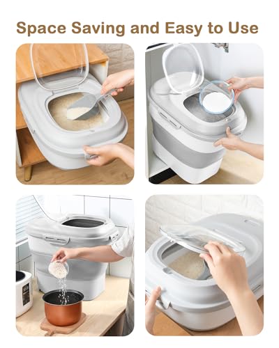 20-50 Lbs Airtight Food Storage Container Wheels,Collapsible Rice Container | Flour Storage Container with Double Airtight Seal,Rice Storage Container with Magnetic Lid,Keep Fresh for Pet Food,Rice,Flour - color: Grey/20-50LBS