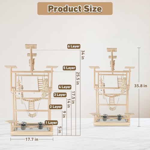 VELVETPAW Bird Playground – 7-Level Natural Wood Parrot Playstand with Feeders & Toys, Modular Two-Tier Bird Play Gym, Detachable Top Tabletop Stand & Detachable Top Tabletop Stand