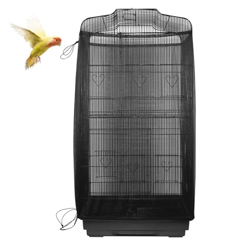 Large Bird Cage Seed Catcher Skirt, Parrot Parakeet Macaw Cover Black | Drawstring mesh skirt wraps parrot or parakeet cage so seeds and feathers stay off your floors and carpet(78.5 * 27.6in) - color: 78.5*27.6in-black