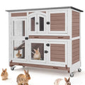 47.2" Two-Story Rabbit Hutch with Wheels, Indoor Outdoor Bunny Cage with Openable Viewing Window & Leakproof Sliding Trays, Wooden Rabbit House with Ramp-(Brown) - color: Brown-AIR06