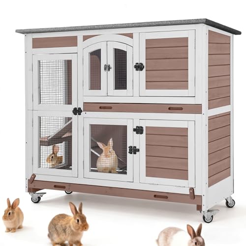 47.2" Two-Story Rabbit Hutch with Wheels, Indoor Outdoor Bunny Cage with Openable Viewing Window & Leakproof Sliding Trays, Wooden Rabbit House with Ramp-(Brown) - color: Brown-AIR06