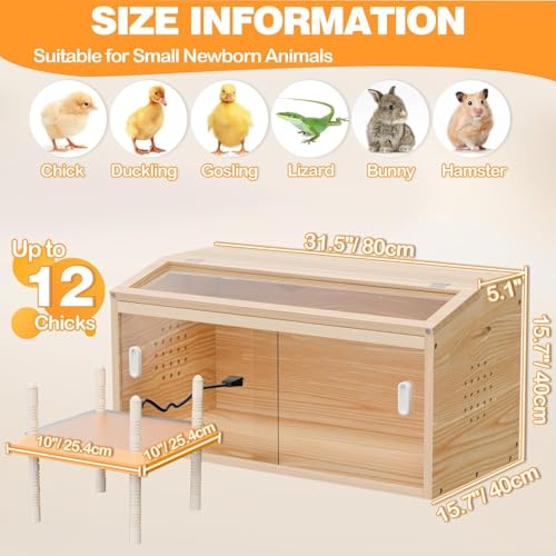 Brooder Box for Chicks 32x16x16'' with Heating Plate & Sliding Door Brooder Heater for Chick Brooder Indoor Accommodates Up to 15 Chicks Ideal for Chickens Ducks Quails Hamsters Wooden - size: 31.5 x15.7 x15.7''