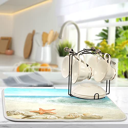 Sweetshow Summer Beach Dish Drying Mat 16 x 18 Inch Sea Wave Shells Starfish Drying Mat with High Absorbent Reversible Microfiber Kitchen Mat Dish Rack Pad Dish Drainer Mat Kitchen Counter Coffee Bar - color: beach, size: 16" x 18"