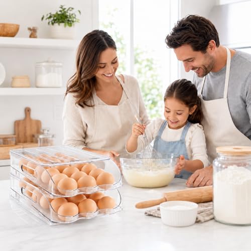 SMRCAD 36-Egg Dispenser with Silicone Bumpers, Auto-Rolling, Stackable | BPA-free food-grade PET | Stackable with lid | Built-in handle | Fits Large to Jumbo Eggs | Hand wash only - size: 2 Layer Holder 36 Eggs (L SIZE)