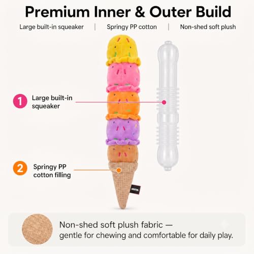 Squeaky Dog Plush Chew Toy, Interactive Tug Squeaky Toy for Chewers, Medium & Large Dogs & Fetch Play, 17.7 in Stuffed Rainbow Ice Cream Toy with Soft Short Plush for Gentle Gum Care & Boredom Relief - color: Colorful (Ice Cream)