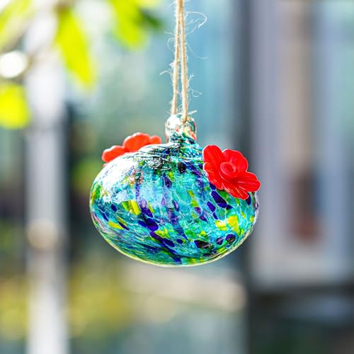 3.3OZ Handcrafted Glass Hummingbird Feeder, Twin Feeding Ports Included, Outdoor Hanging Ornament for Garden and Patio, Remarkable Hummingbird Gifts to Delight Women - color: blue