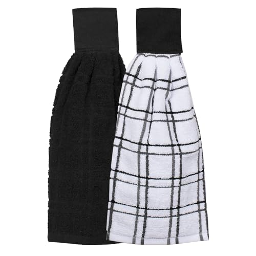 Ritz Premium 100% Cotton Solid and Multi Check Kitchen Tie Towel, Absorbent, Super Soft, and Fast Drying Hang Towel, Set of Two, Black - color: Black, size: Solid & Multi Check - 2 Piece