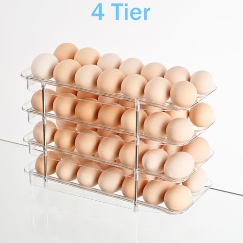Egg Holder,4 Tier Clear Organizer with Auto-Roll Design, Adjustable Height Egg Storage Container Holds Up to 56 Eggs for Refrigerator,Kitchen Cabinet