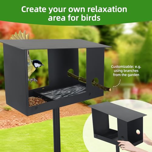 3-in-1 Metal Bird Feeder with Pole 59in High Weatherproof Wild Bird Feeding Station with Birdseed Area Removable Water Tray Custom Perch Ground-Mounted Bird Feeder for Small Birds Sparrow Tit Robin