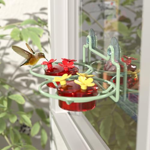 Dreamdrawer Window Hummingbird Feeder, Small Hummingbird Feeder for Outdoors with Strong Suction Cup - Metal Base & 6 Feeding Ports, Easy to Clean and Refill - color: 1PC-Green