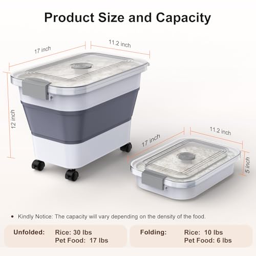 Rice Storage Container, Collapsible Airtight Food Storage Containers 20-30lbs with Clear Lid and Wheels, Rice Dispenser with Scoop for Flour Cereal Pasta Grain, Cat Pet Bird Dog Food Storage Container - size: 10-30 Lbs