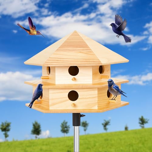 Yaocom Purple Martin House, 12 Room Martin BirdHouses for Outside, Sycamore Wood Construction & Waterproof(Wood Color,16.54 x 14.57 x 11.81 Inches)