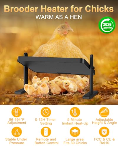 Chick Brooder Heater with Adjustable Temp (86~194℉) & 12H Timer & Height & Angle, Rapid-Heating Heat Plate for Chicks with Remote Control, 16"x12" for 30 Chicks, Brooder Plate for Young Poultry