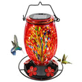Solar Hummingbird Feeder for Outdoors Hanging Patio Designed 32 Ounces Colorful Hand Blown Glass Hummingbird Feeder 5 Feeding Ports with Perch Never Leak (Red)