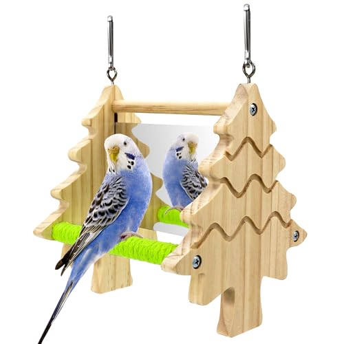 2-Sided HD Bird Mirror Toys, Cotton-Wrapped Parakeet Perches Swing | Kiln-Dried Wooden Frame Hanging Parrot Swing for Cages, No Sharp Edges, Safe Bird Toy for Budgies Lovebirds Cockatiels