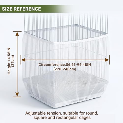 Birdcage Cover Seed Catcher - Blocks Over 90% Splashes & Mess | Set of 2 breathable mesh nets (14.56"H, 86.6"-94"girth). Use on indoor parrot setups to stop escaping and trap molting dander