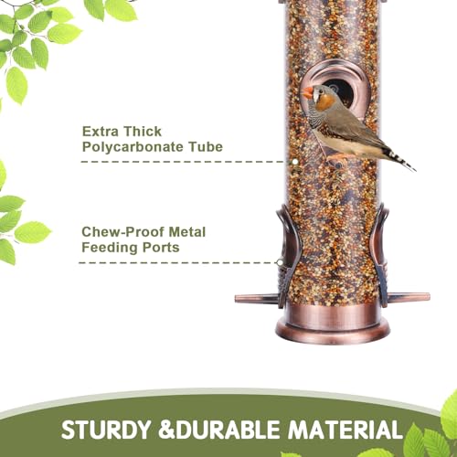 Metal Bird Feeder Tube Hanging Wild Bird Seed Feeder Aluminum Six Port Bird Feeders,1.4 mm Extra Thick Solid Tube Transparent with Steel Hanger Great for Attracting Birds (Antique Copper 2PK) - color: Antique Copper 2PK
