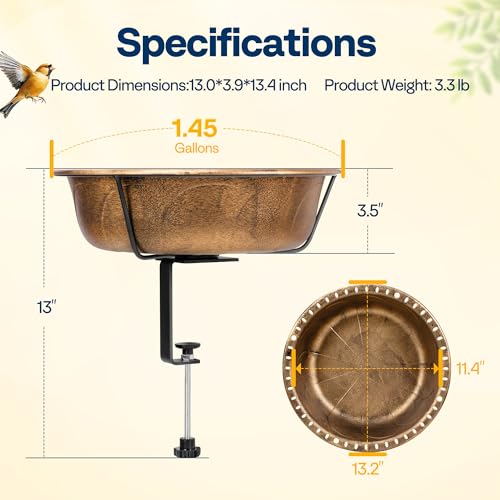 VIVOHOME Deck-Mounted Bird Bath with Adjustable Metal Clamp, Copper | Weather-Resistant ABS, 1.45-Gallon Capacity, for Railing/Fence/Balcony, Bird-Friendly, Easy to Clean - color: Copper, size: Birdbath Only