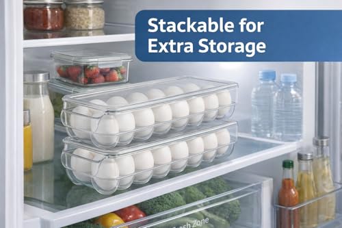Dependable Industries inc. Essentials Clear Acrylic Egg Storage Container with Lid, 14-Egg Capacity, BPA-Free Refrigerator Organizer, Stackable Tray with Handle, Dishwasher Safe
