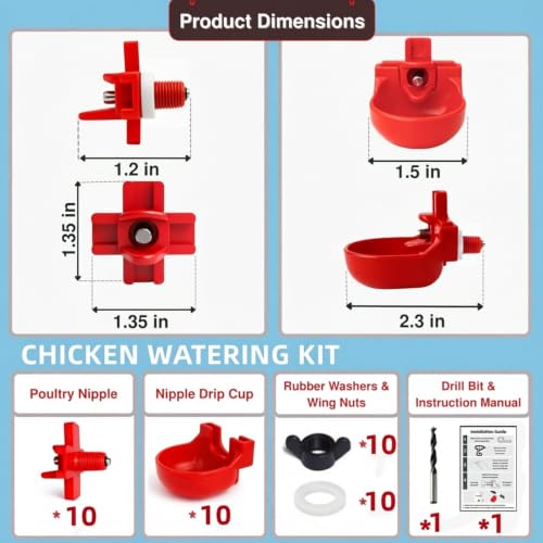 10Pack Horizontal Chicken Waterer Nipples with Cups-Poultry Watering System | Leakproof Automatic Nipples Drinker for Chickens,Turkeys, Parrot,Peafowl, and Other Poultry