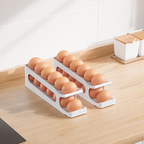 Egg Holder for Fridge, 2 Tiers, Egg Roller for Eggs 12 Count | Auto Rolling Egg Storage Organizer for Refrigerator, Slim Space Saving Container, Dispenser - size: 2 Tiers