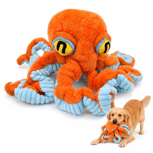 Squeaky Dog Plush Chew Toy, Interactive Tug Squeaky Toy for Chewers, Medium & Large Dogs & Fetch Play, 19.7 Inch Stuffed Octopus Toy with Flexible Spring Tentacles for Gentle Gum Care & Boredom Relief - color: Orange (Big Octopus)