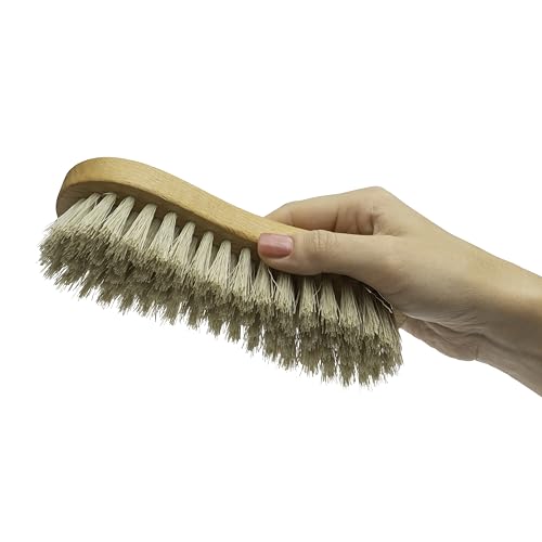 KONEX Medium-Stiffness Nylon Fiber Scrub Brush - Heavy Duty Cleaning Brush, Wooden Handle, Brown, Ideal for Hardwood Floor, Outdoor Surfaces, Carpet