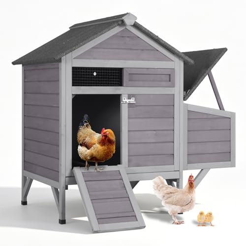 Chicken Coop for 2-3 Chickens, Outdoor Wooden Hen House with Nesting Box, Waterproof Roof, Predator-Proof Latch, Pull-Out Tray, Easy Clean Backyard Coop