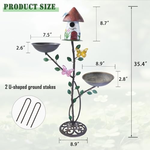 Metal Bird Houses for Outside with Pole, Multi-Bird Baths for Outdoors | Metal Bird House with Bird Feeder and Bird Bath,Outdoor Garden Lawn Decor,Cast Iron Base - color: red
